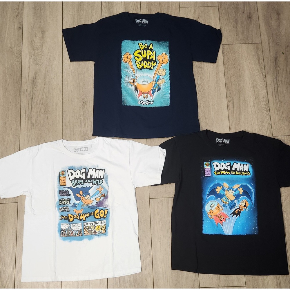 Dog Man T-Shirt Lot of 3 Graphic Tees Kids Youth Size 10/12 L Comic Book